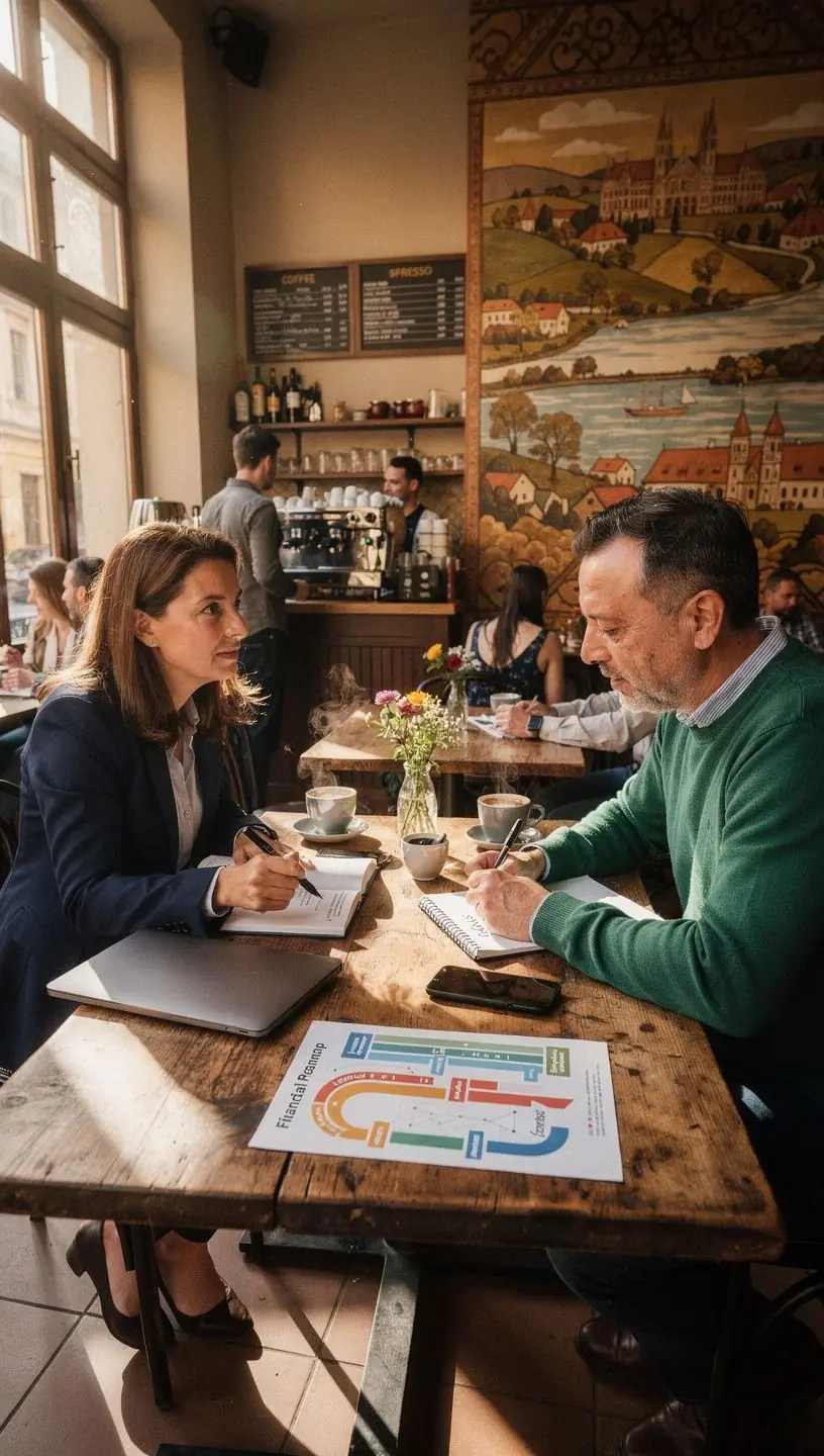 Személyes pénzügyi tanácsadás során ügyfél és szakértő megbeszélést folytat.