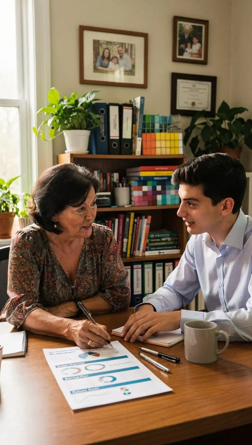 Nyomtatott pénzügyi útiterv részletei egy asztalon, kiemelve a költségvetést és megtakarításokat.